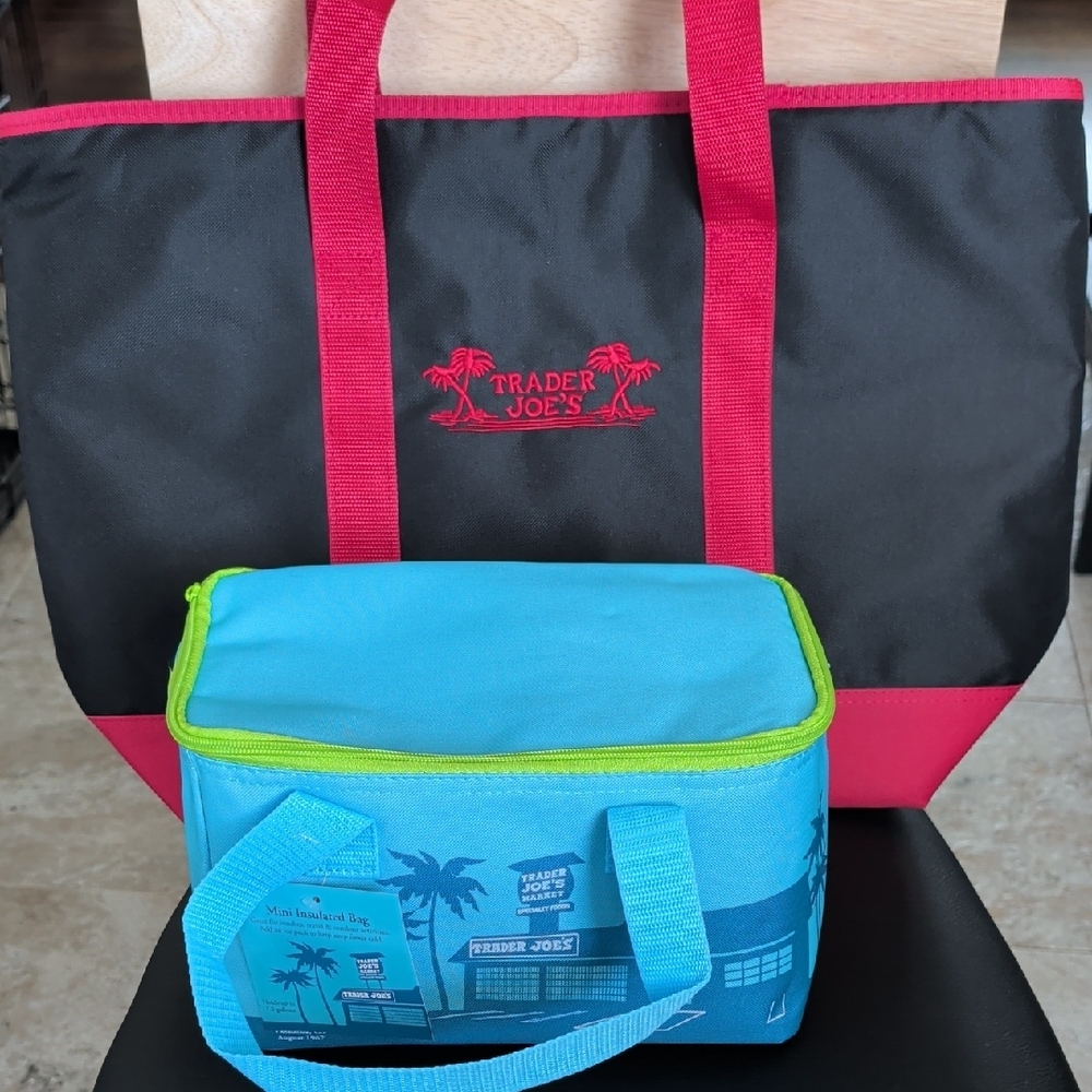 Trader Joe's Black Insulated Regular And Blue Insulated Mini Tote Bags NWOT